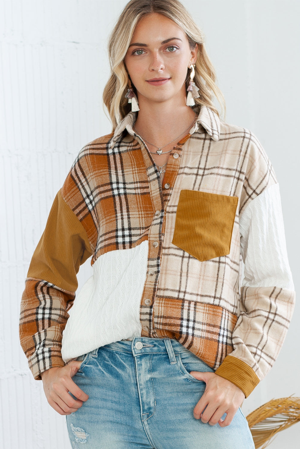 Orange Plaid Color Block Patchwork Pocket Shirt Shacket 9bc356de836bdd6f