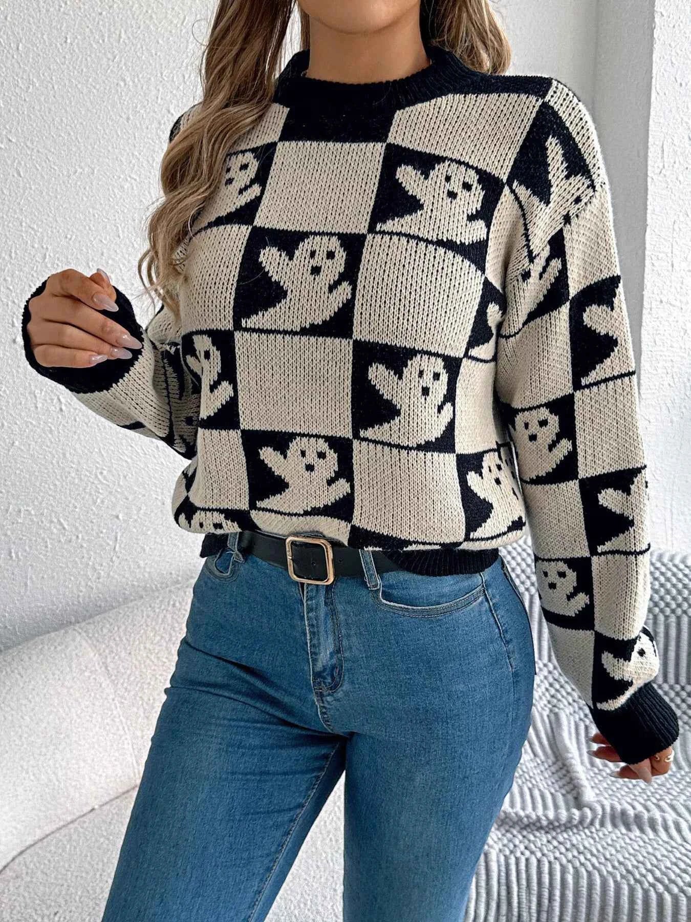 Halloween Ghost Pattern Checkered Round Neck Sweater 9bc8a45bb1e64c728a8ecb7bb606167b-Max-Origin