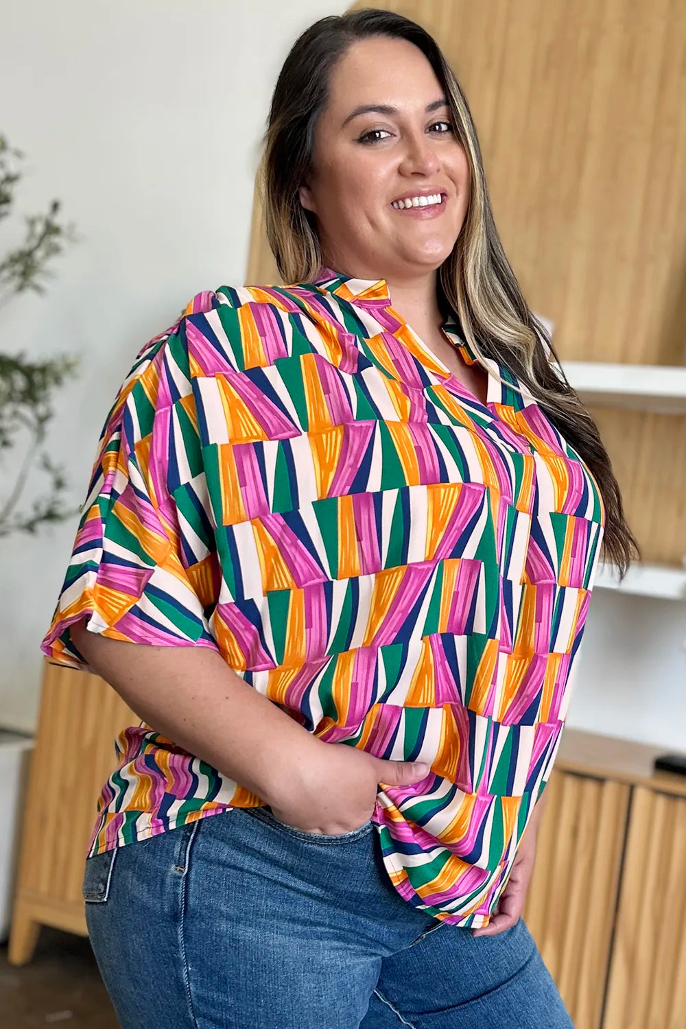Double Take Full Size Geometric Notched Dolman Sleeve Top 9bccada8-66b2-4914-97e7-21bf1cc11fa7-Max