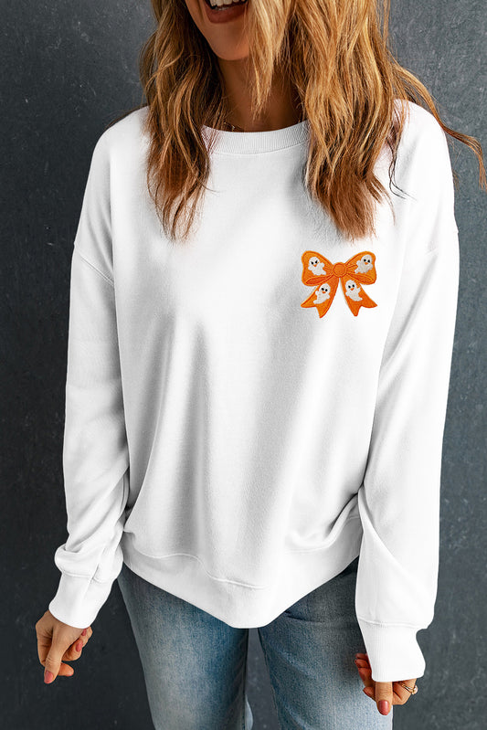 White Cute Halloween Ghost Bow Embroidered Graphic Sweatshirt 9bcf93abef008d84