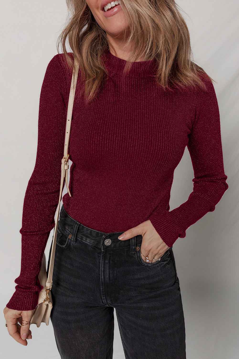 Red Dahlia Metal Ribbed Knit Long Sleeve Slim Fit Top Red Dahlia 40%Viscose+30%Polyester+15%Polyamide+10%Metallized Fibre+5%Elastane 9bd7fa39ccc9ae5a