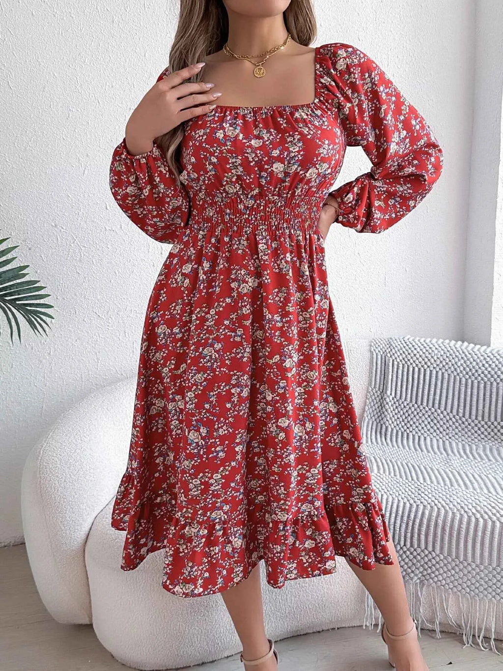 Floral Print Long Sleeve Square Neck Midi Dress 9be020ca05a64ced85492cccaaaea733-Max-Origin