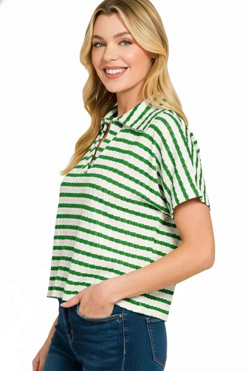 Zenana Striped Split Neck Collared Top 9be2b30d-25d6-48fc-816c-dfc6bb263011-Max-Origin
