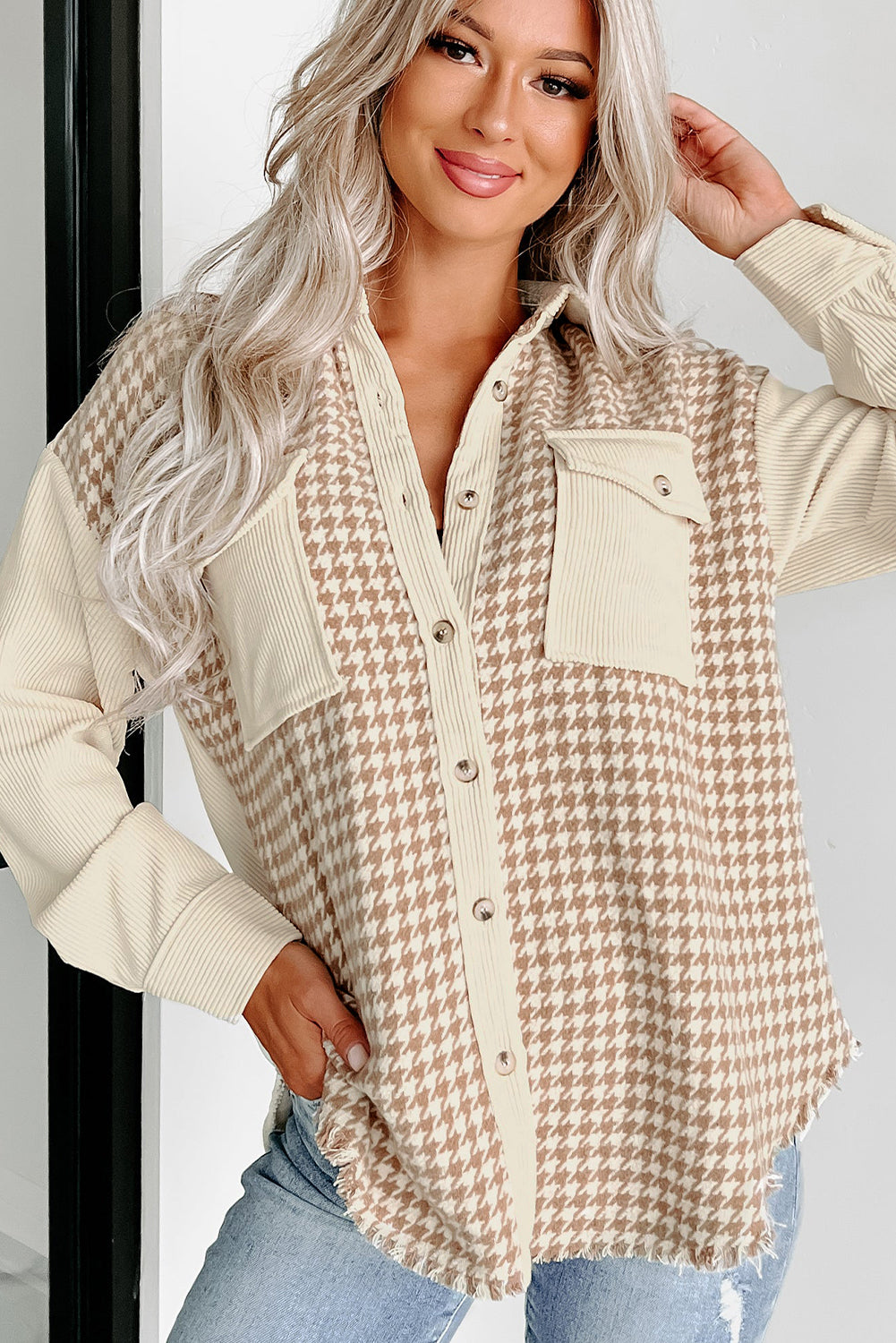 Parchment Houndstooth Corduroy Patchwork Flap Pocket Shacket 9be4694ac33d1129