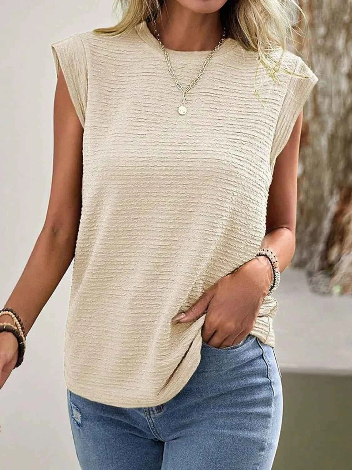 Textured Round Neck Cap Sleeve Top Apricot 9be47c24-3848-402b-9fae-589387a6a991-Max-Origin