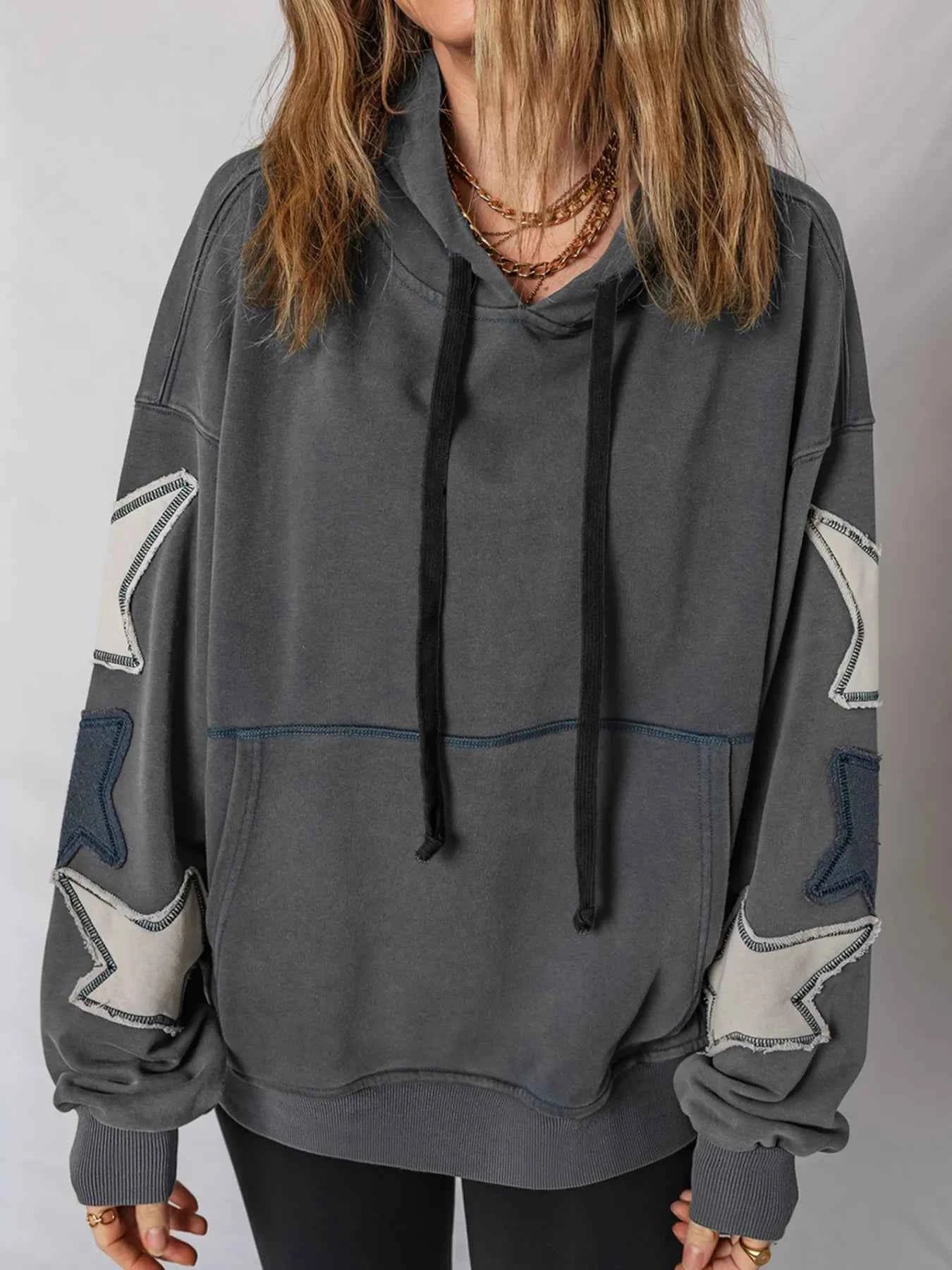 Star Patchwork Contrast Stitching Mineral Wash Kangaroo Pocket Hoodie Dark Gray 9be4eaba20a04df4a02c31bd6751a339-Max-Origin