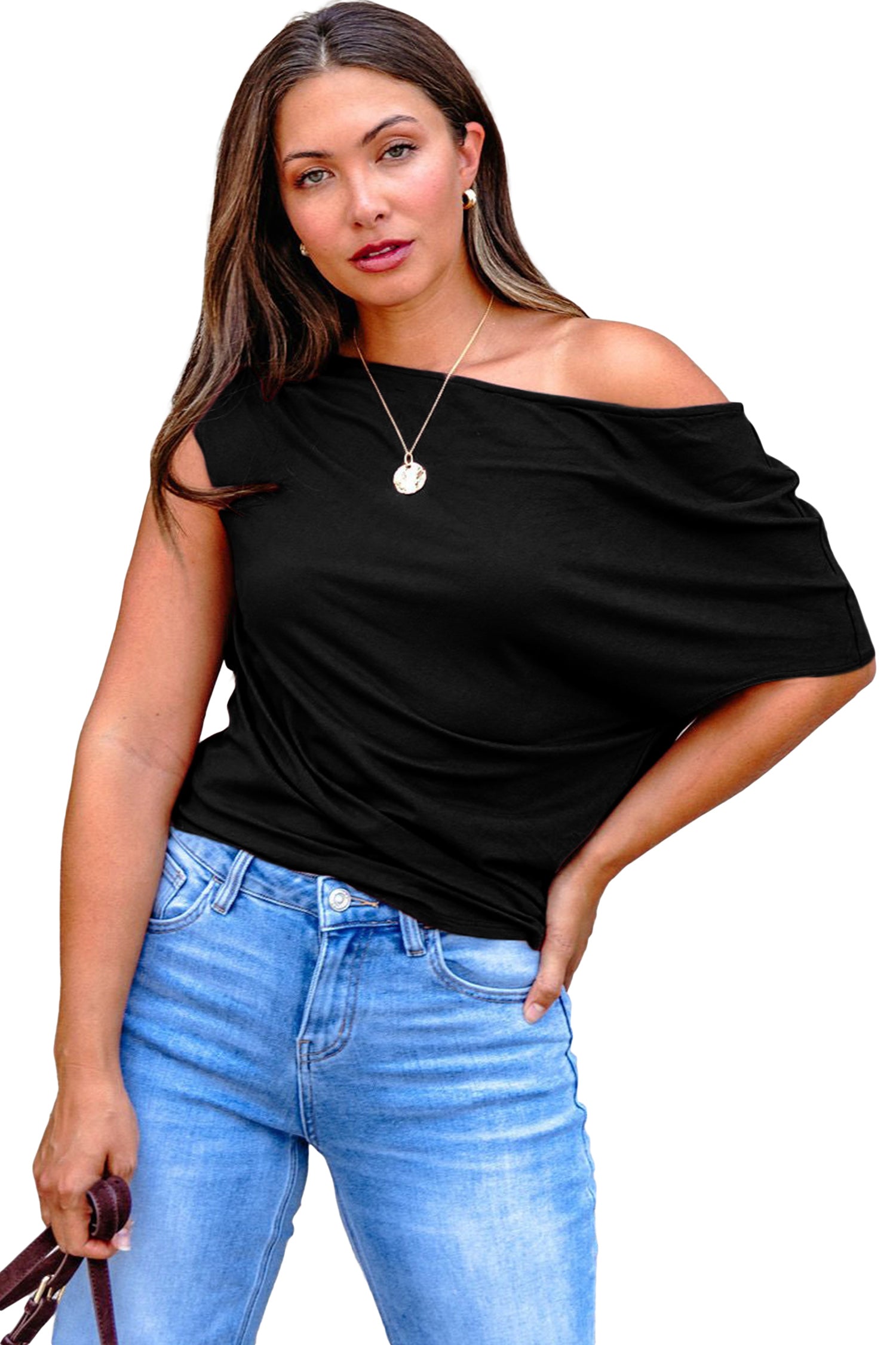 Blue Sapphire Plus Size Solid Color Asymmetric Neck Short Sleeve Blouse 9be9649be0f78db1