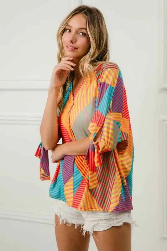 BiBi Multi Stripe Block Printed Jersey Blouse with Tied Sleeves 9bedb8a3-5801-4e68-b326-32ea22405b82-Max-Origin