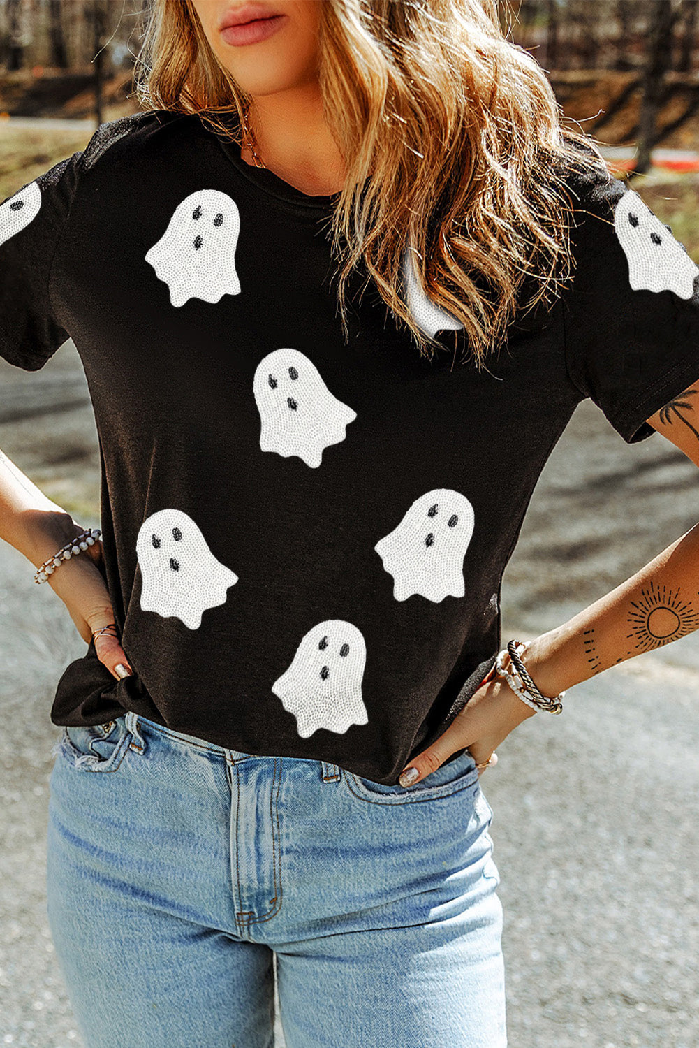 Sachet Pink Halloween Ghost Sequins Patch Casual T Shirt 9bf3afae03e15f7f