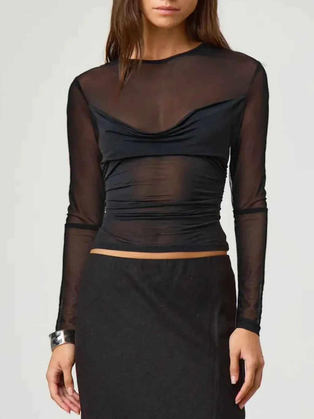 Ruched Mesh Long Sleeve Top Black 9bfc716b-c5a5-417c-b2ca-7cbad263a66d-Max-Origin