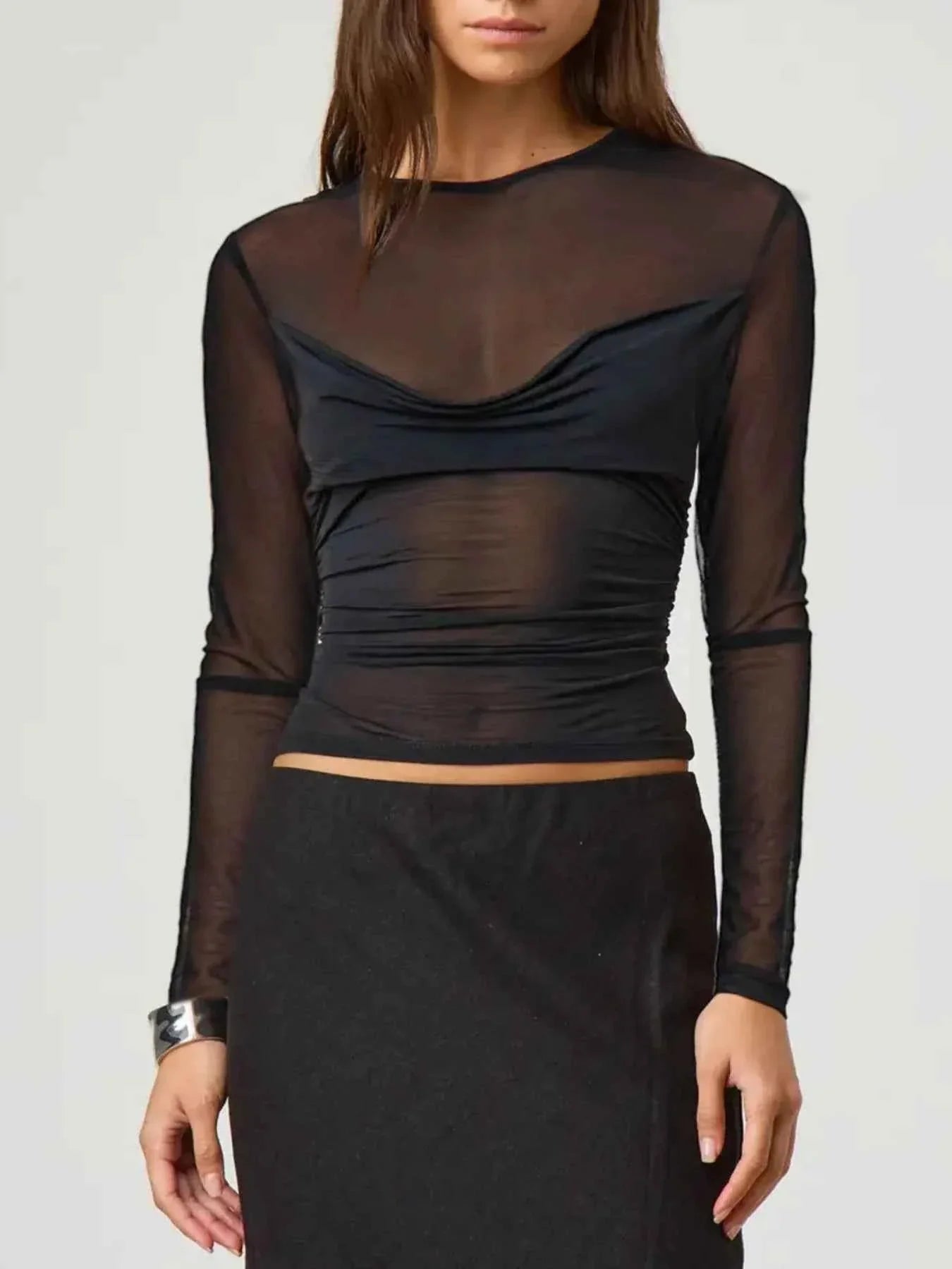 Ruched Mesh Long Sleeve Top Black 9bfc716b-c5a5-417c-b2ca-7cbad263a66d-Max-Origin