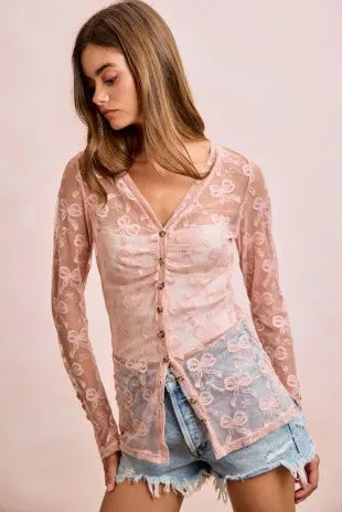 Bow Pattern Shrried V-neck Mesh Cardigan Top 9bfe718e2d244ee29bb7c1390637c8cb-Max-Origin