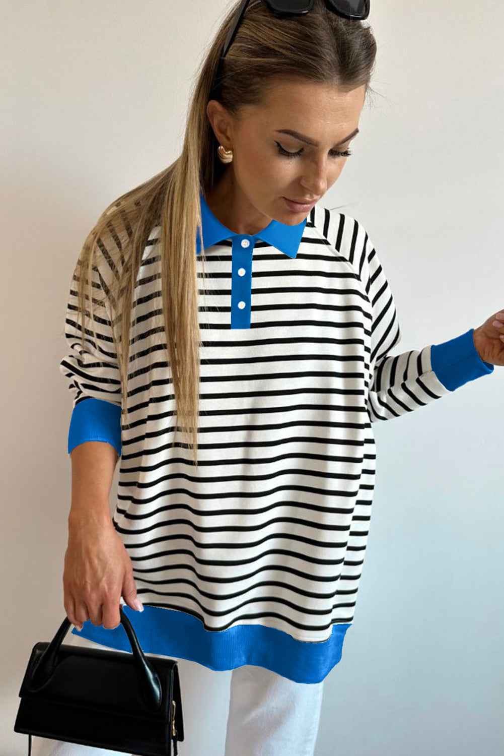 Black Stripe Striped Button Collar Pullover Sweatshirt 9bfeefd8e6688688