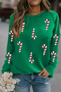 Green Christmas Candy Cane Graphic Sequins Patch Pullover Sweatshirt Green 50%Polyester+50%Cotton 9c0180cfba4250db