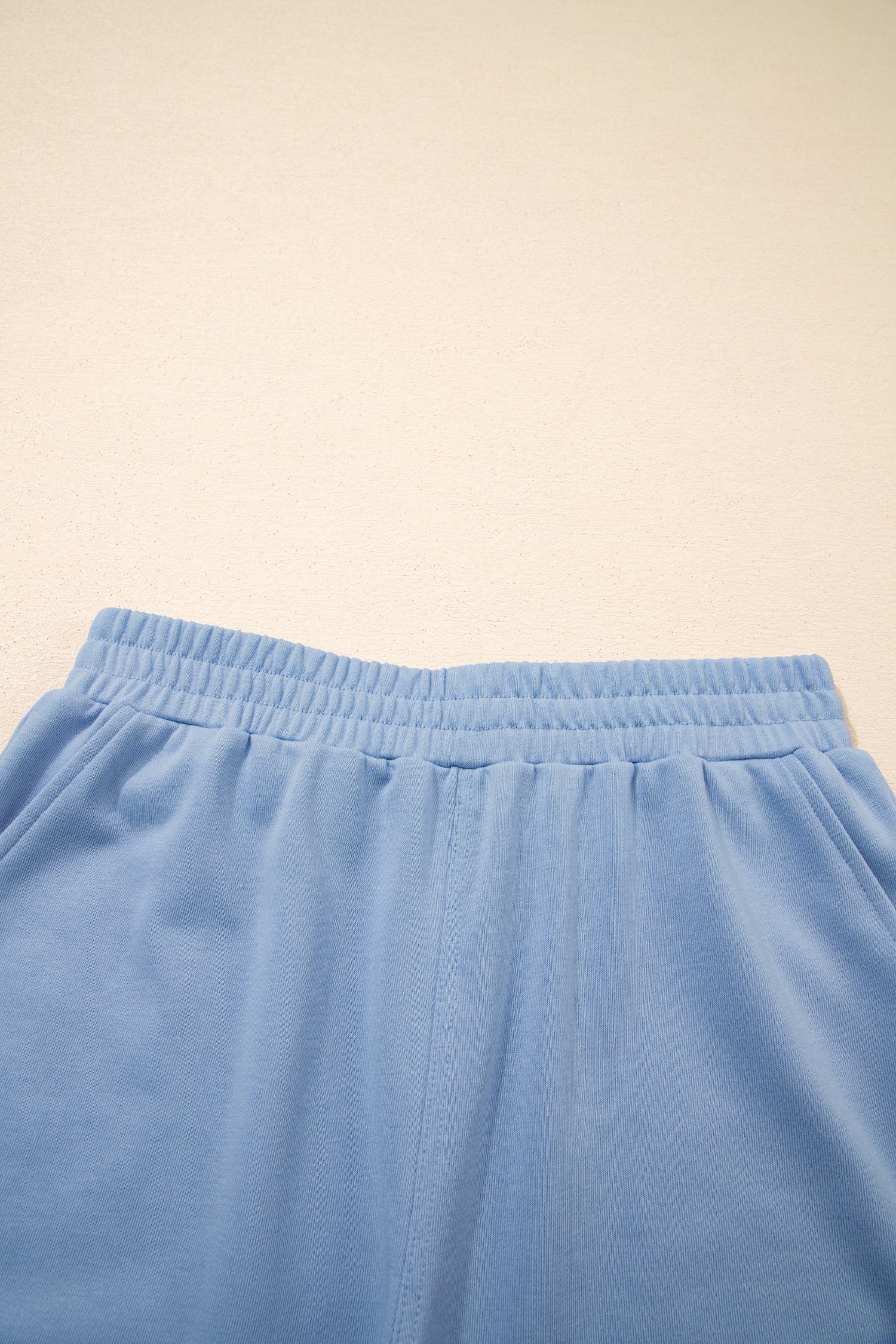 Sky Blue Solid Color Contrast Textured Patchwork Raw Edge 2pcs Short Set 9c02bee5d34c82be