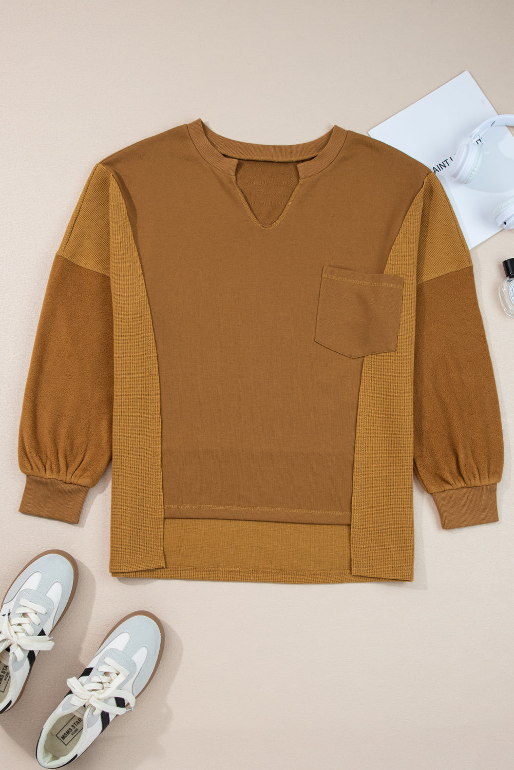Multicolor Oversized Mixed Textured Split Neck High Low Patchwork Sweatshirt 9c03c50241fcc10c