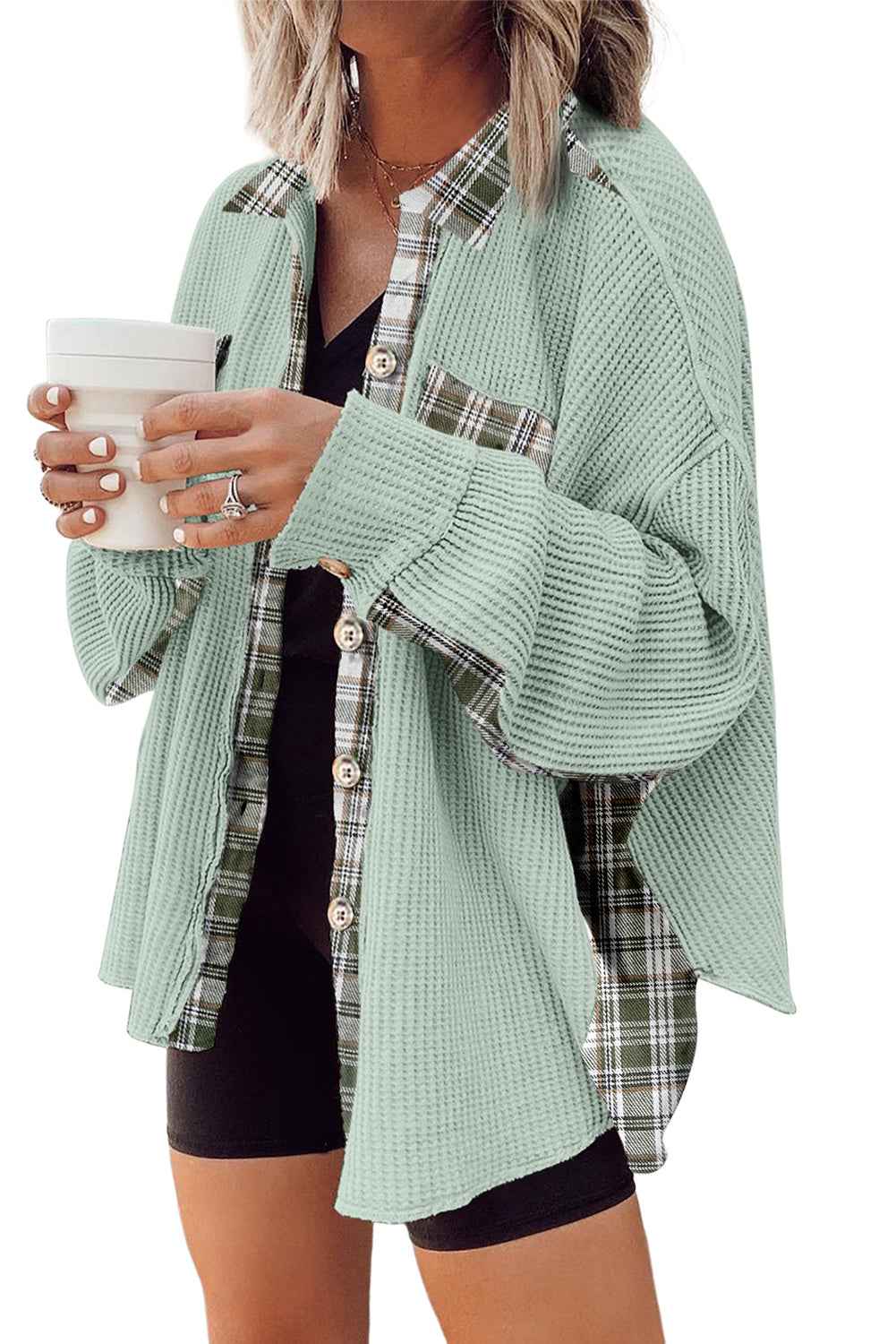 Grass Green Plaid Patchwork Waffle Thermal Knit Shacket 9c0769b7dc66f8b2