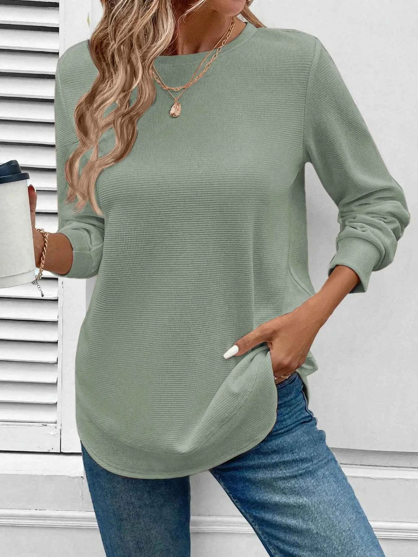 Round Neck Long Sleeve Casual Sweatshirt Bean Green 9c0b2c9df00d42018a72b73afaa454e9-Max-Origin
