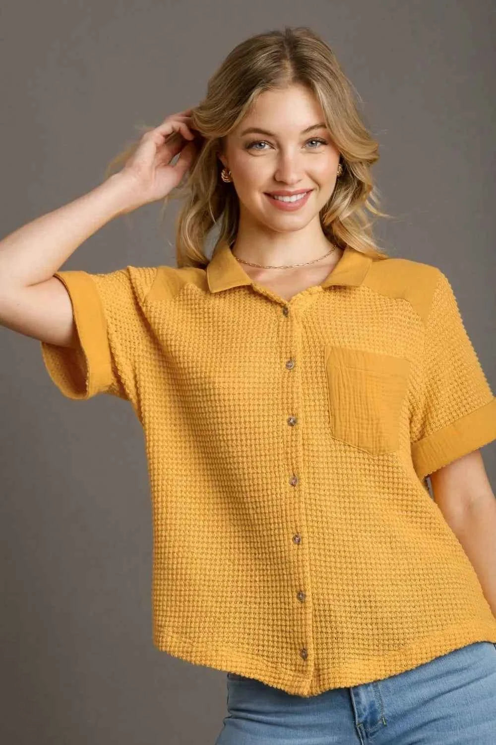 Umgee Full Size Waffle-Knit Short Sleeve Button Down Shirt Plus Size Yellow 9c0baa77-684c-4858-b833-6bf7785ed705-Max