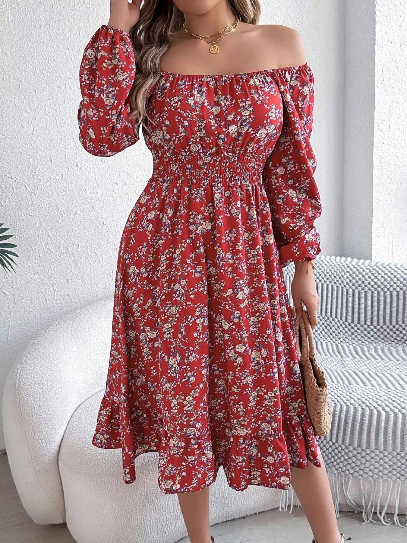 Floral Print Long Sleeve Square Neck Midi Dress 9c0e1dbb35b44a9a8752b69ec11ff2b0-Max-Origin