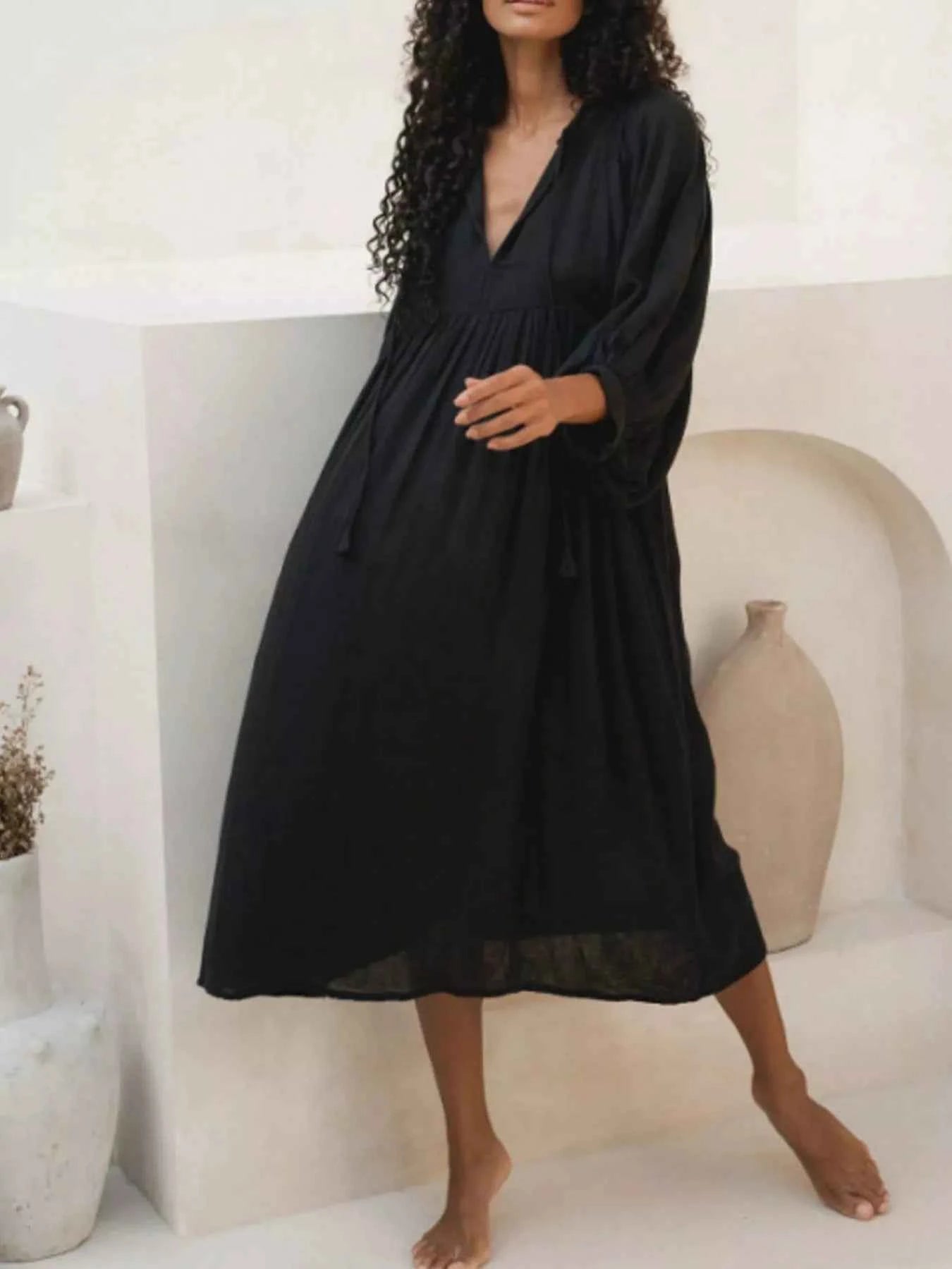 Tie Neck 3/4 Sleeve Midi Dress 9c0e8574-4813-4c3d-a644-503d1a8d1c4e-Max-Origin