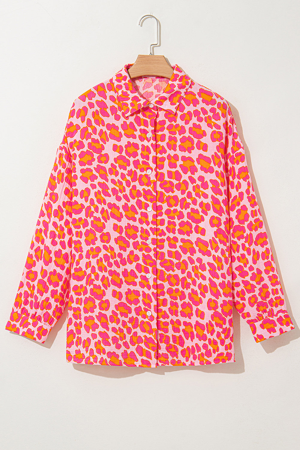 Rose Leopard Print Button-Up Crinkle Shirt