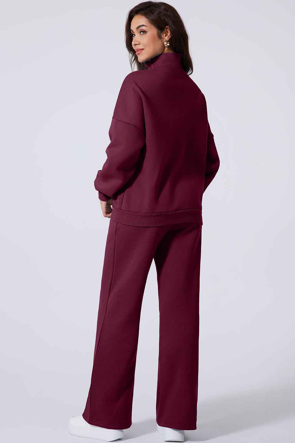 Burgundy Drop Shoulder Zip Up Jacket Drawstring Pants Active 2pcs Set 9c1fff2f2a237762