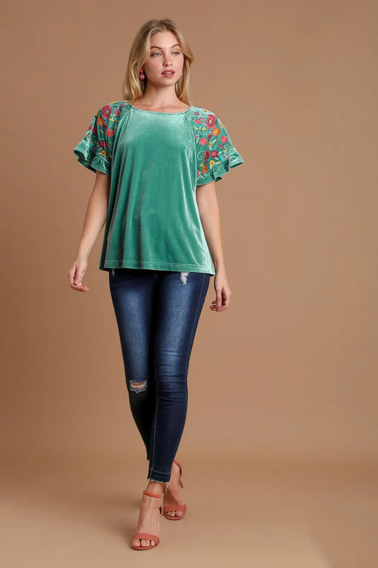 Velvet Embroidery Short Sleeve Blouse 9c21967c-7457-4b4d-bc90-cc43ccbcb165-Max