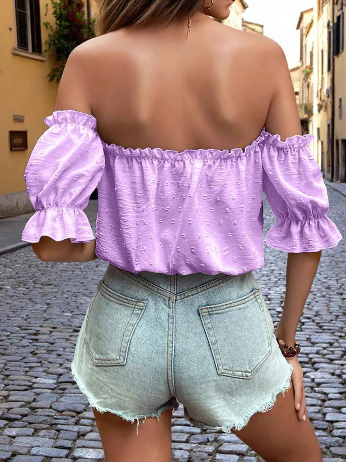 Off-Shoulder Swiss Dot Blouse with Tie Front Detail 9c255416ae7940b3bccd4c20d13b85b3-Max-Origin