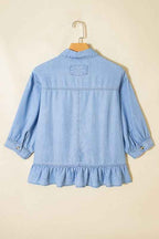 Denim Chambray Ruffle 3/4 Sleeve Buttoned Shirt 9c26f805-3577-4349-9db4-2874a599e26c