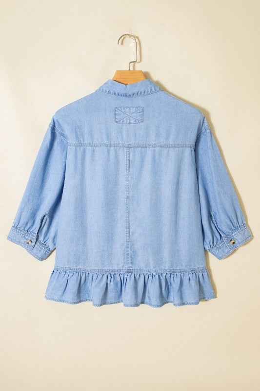 Denim Chambray Ruffle 3/4 Sleeve Buttoned Shirt 9c26f805-3577-4349-9db4-2874a599e26c