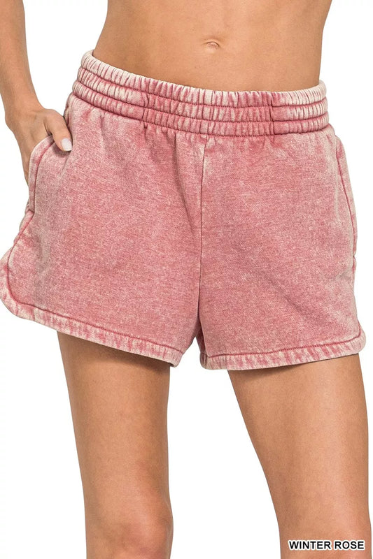 Acid Washed Elastic Waistband Dolphin Shorts WINTER ROSE 9c2c07ae365b457082269ab0136a6f5d-Max-Origin