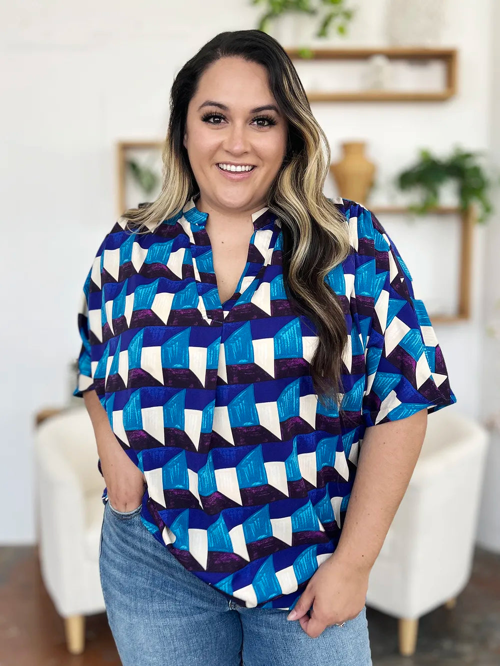 Double Take Full Size Geometric Notched Half Sleeve Blouse 9c319503-74ee-4697-92f3-a5f6212e2031-Max