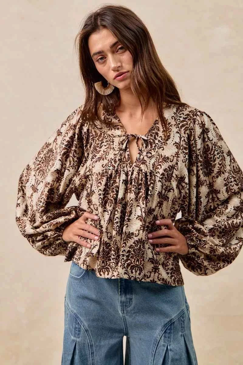 BiBi Printed Woven Front Tied Blouse with Baloon Sleeve 9c3259f829074b17b3431ca5ca430337-Max-Origin