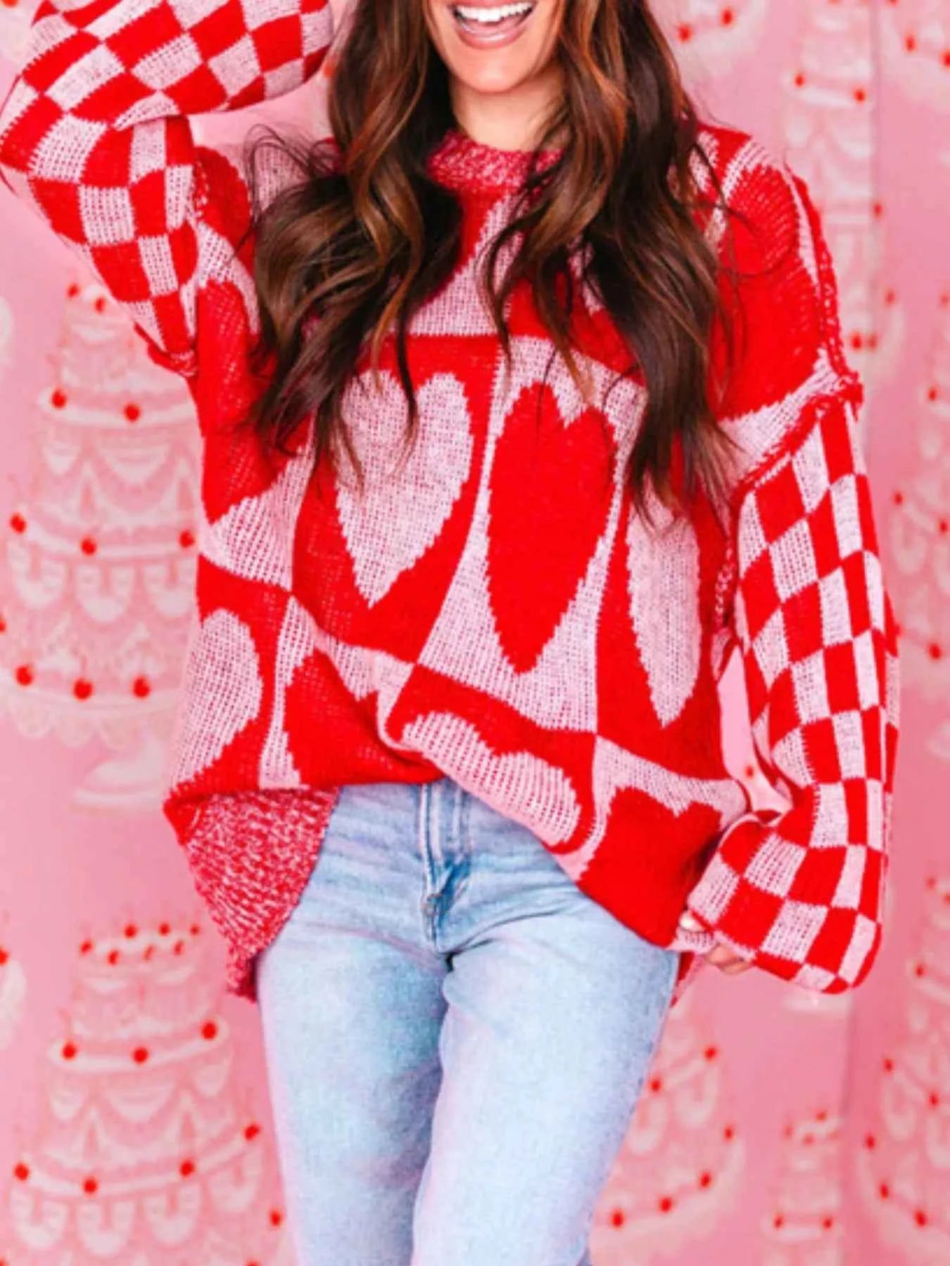 Heart Pattern Checkerboard Knit Sweater 9c36f5d3-c81a-4751-babb-87d4c8e27552-Max-Origin