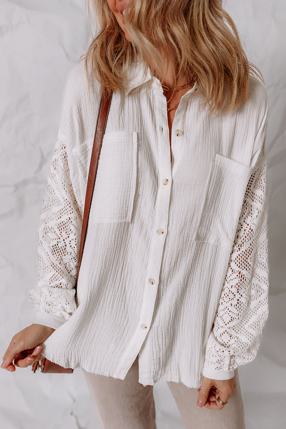 White Cotton Gauze Lace Patchwork Long Sleeve Shirt 9c3955adcbd4fdcb