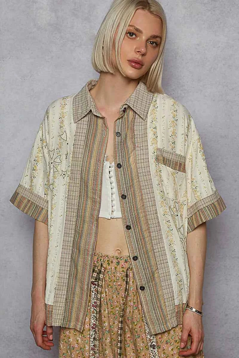POL Printed Button Down Patchwork Short Sleeve Shirt CREAM MULTI 9c3dee35-cfc7-4a92-82ed-56f9da31c02f-Max-Origin