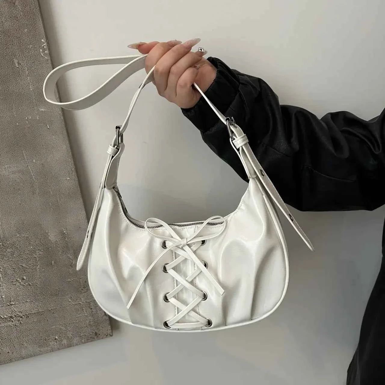 Leather Lace-Up Detail Shoulder Bag White onesize 9c4129c9417440c7aab13a03ced5dbfb-Max-Origin