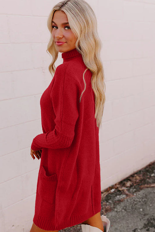 Fiery Red Ribbed High Neck Front Pockets Center Seam Sweater Dress 9c42c4ed1c838314