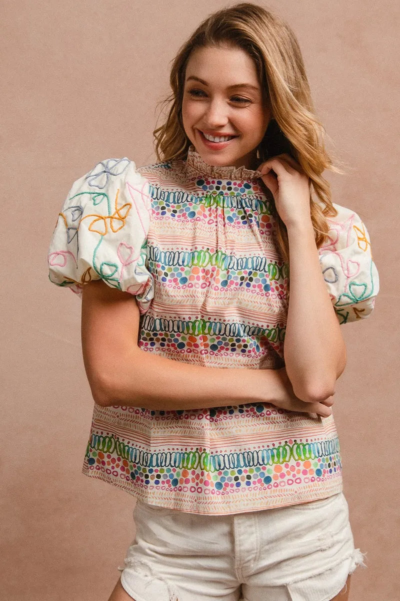 BiBi Ruffle Neckline Blouse With Embroidery Bubble Sleeve 9c43abe82bc14bb8959430cec7b313af-Max-Origin