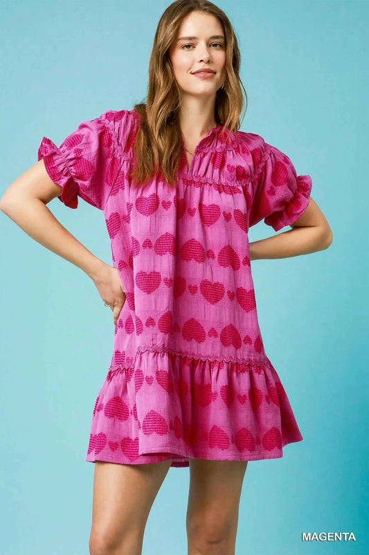 Umgee Heart Pattern Short Sleeve Ruffle Babydoll Dress MAGENTA 9c488392-778b-4a31-a628-8844b8a03686-Max-Origin