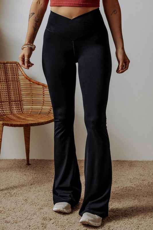 Solid V-Shape High Waist Flared Leggings Black XL 9c4ddc67-7e58-48f0-9e64-1678692bcb85