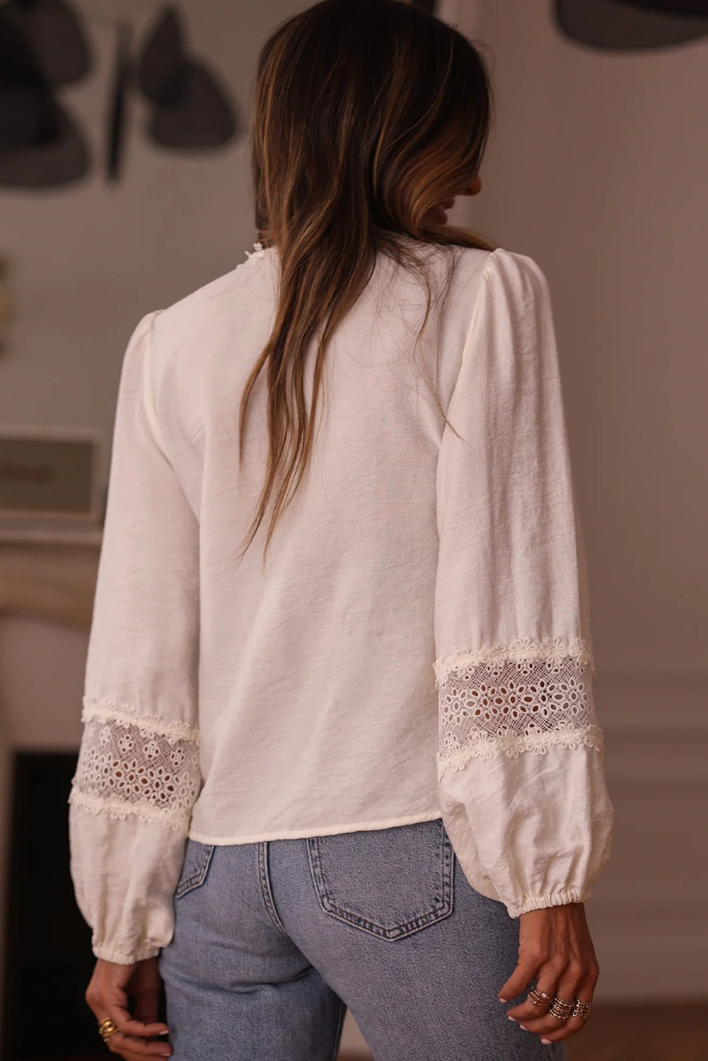 White Solid Color Floral Guipure Lace Patchwork Frilled Long Sleeve Blouse 9c4fe6477e4d12d7