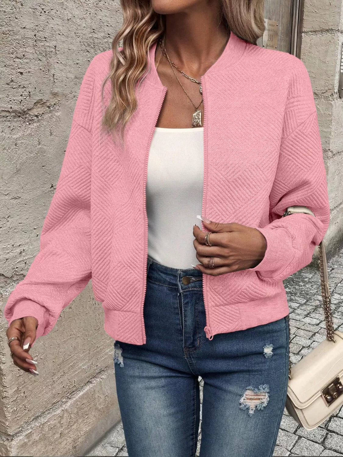 Texture Zip-Up Bomber Jacket 9c5213ec-f346-4d75-b915-3543f359de91-Max-Origin