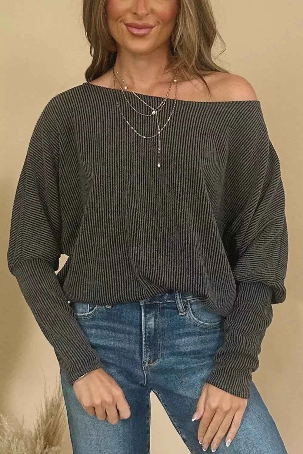 Boat Neck Long Sleeve Knit Top Dark Gray 9c5b16a5-aa12-4c3f-a413-10140be4a09e-Max-Origin
