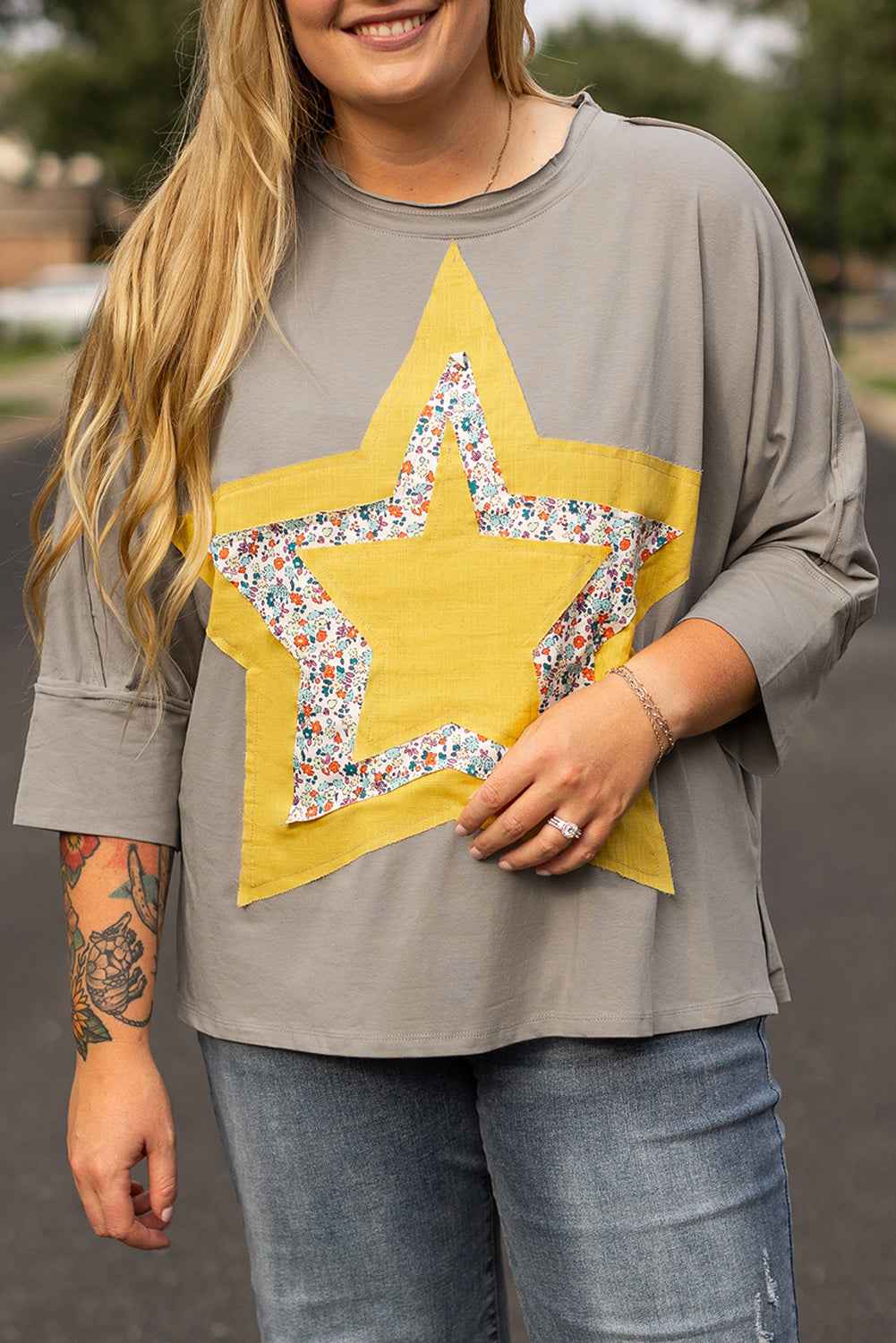 Medium Grey Floral Star Patched 3/4 Sleeve Plus Size Top Medium Grey 95%Cotton+5%Elastane 9c5b396b63cd8ce6