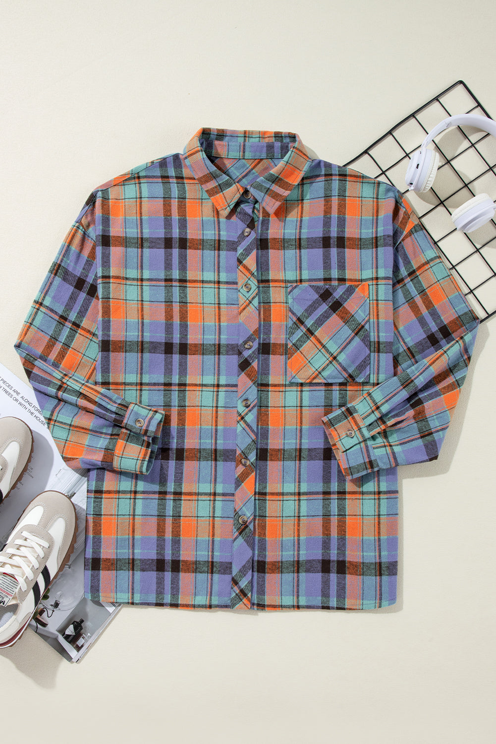 Orange Plaid Print Pocket Loose Shirt Shacket 9c61a2c0cfdca714
