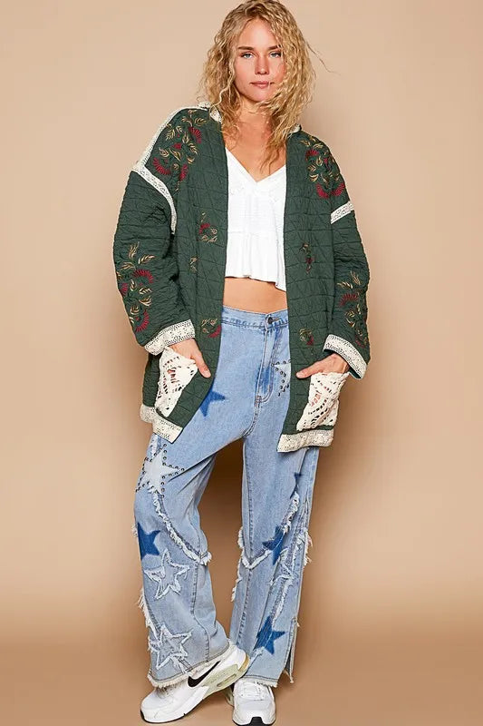 POL Embroidered Open Front Quilted Jacket with Crochet Pockets 9c61c1d3-f8bb-4634-8ef6-c09ad3caff8d-Max