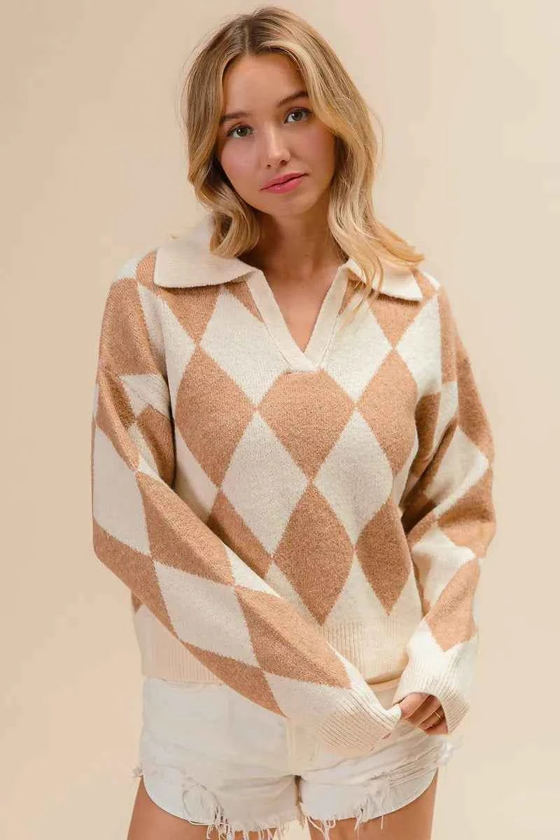BiBi Diamond Pattern Collared Notch Neck Sweater 9c655c05d8ce4d5ab8552e1469353f04-Max-Origin