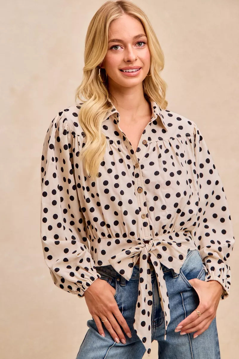 BiBi Polka Dot Print Tie Hem Detail Crop Shirt 9c67b98d9a3948e19bba4a4d4bc59e6d-Max-Origin